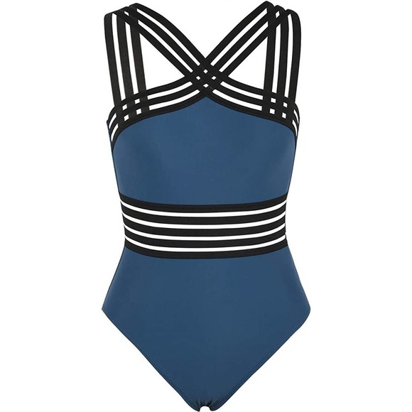 Hilor Women's One Piece Swimwear Front Crossover Swimsuit Navy Black XL 14 - Picture 1 of 3